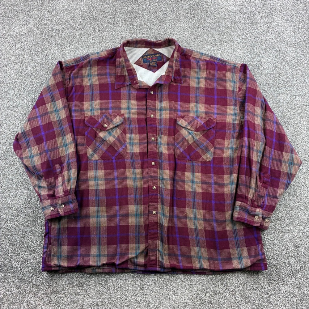 Vintage Grand Banks Flannel Shirt Mens 3XL Burgundy Plaid Waffle Lined Top